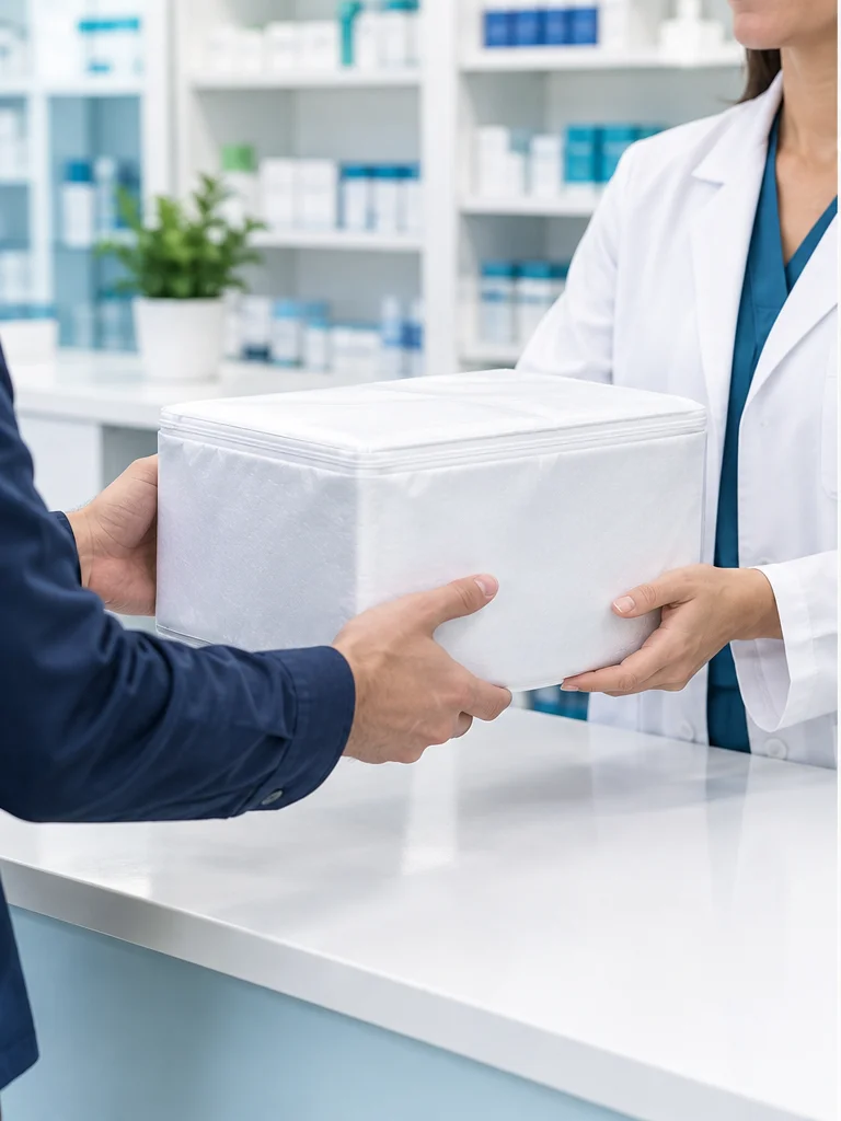 Illustrative handoff of an insulated transport package at a pharmacy