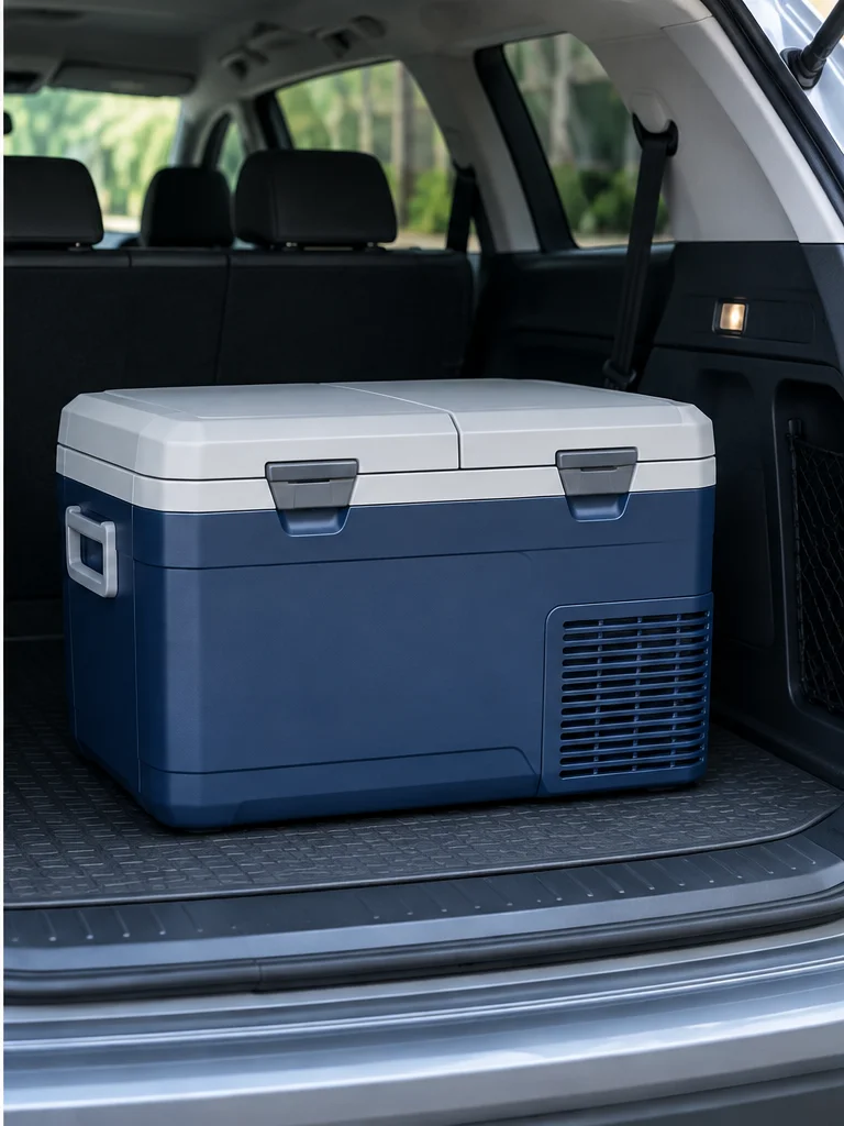 Illustrative portable refrigerator/freezer in a vehicle cargo area